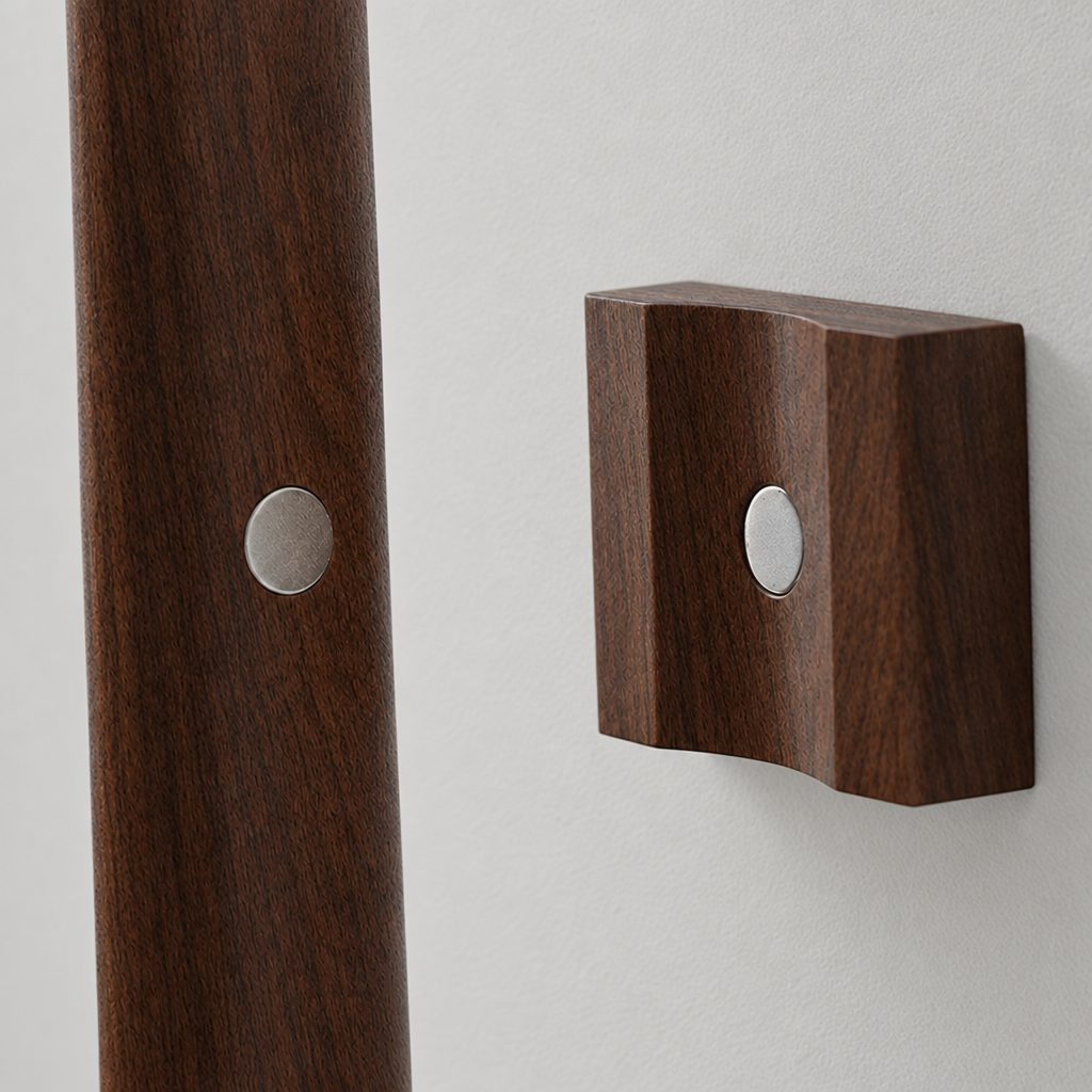 Magnetische wandhouder voor schoenlepel in donker notenhout tegen een Scandinavische greige muur