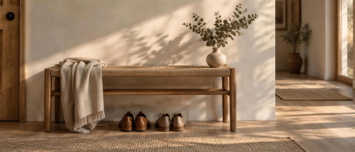 Rustige Scandinavische hal met eiken bank, linnen plaid en eucalyptus in het middaglicht