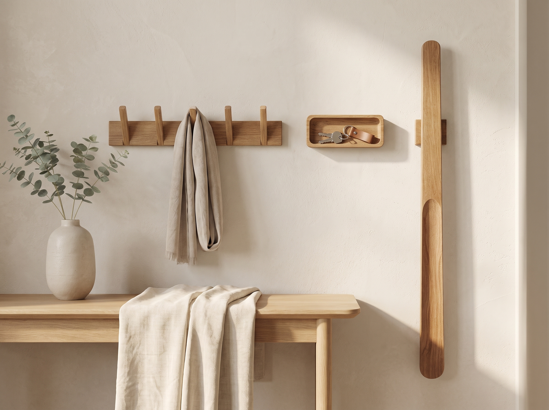 De Hal-set met schoenlepel, kapstokhaken en halbakje in Scandinavische hal