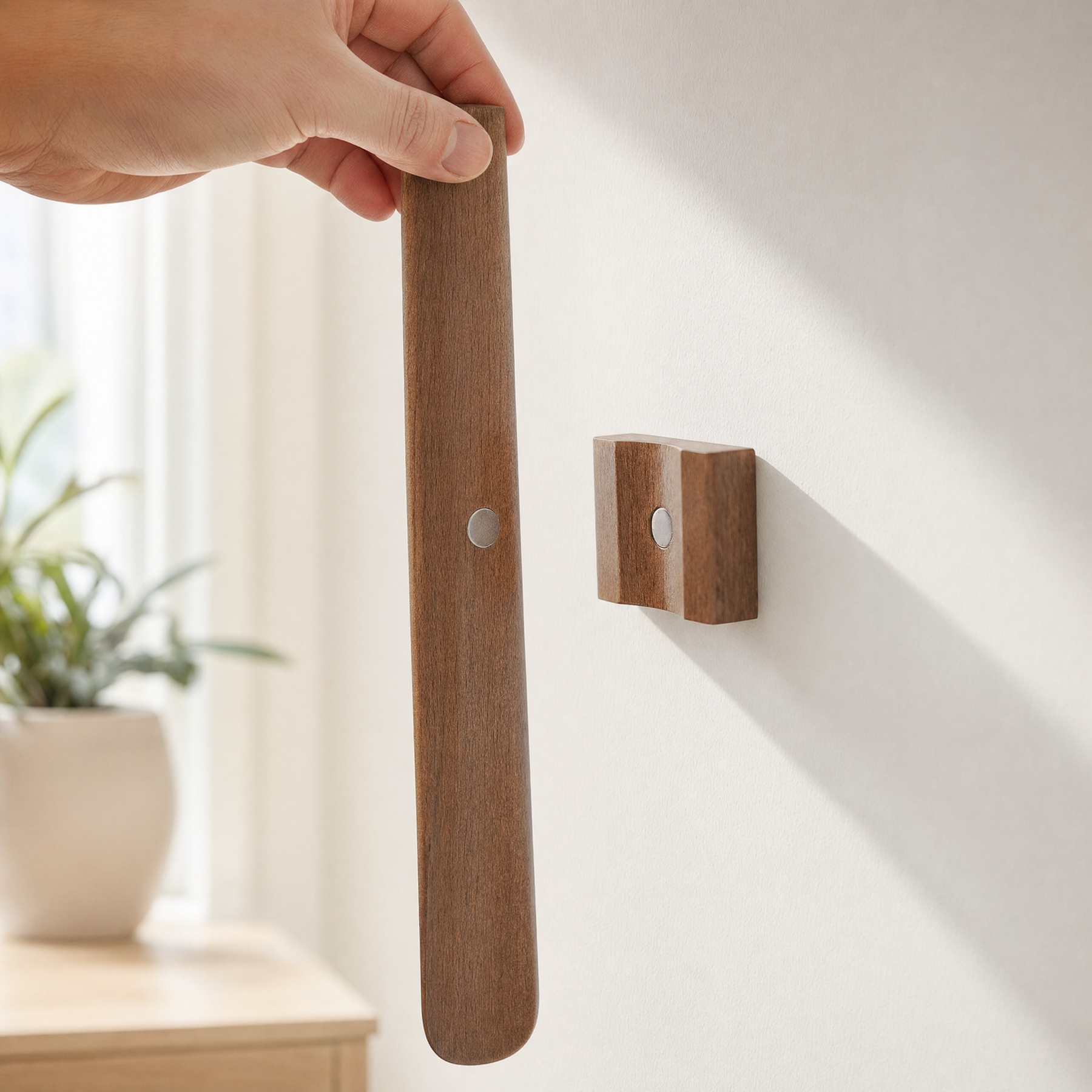 Notenhouten schoenlepel aan de muur met daglicht
