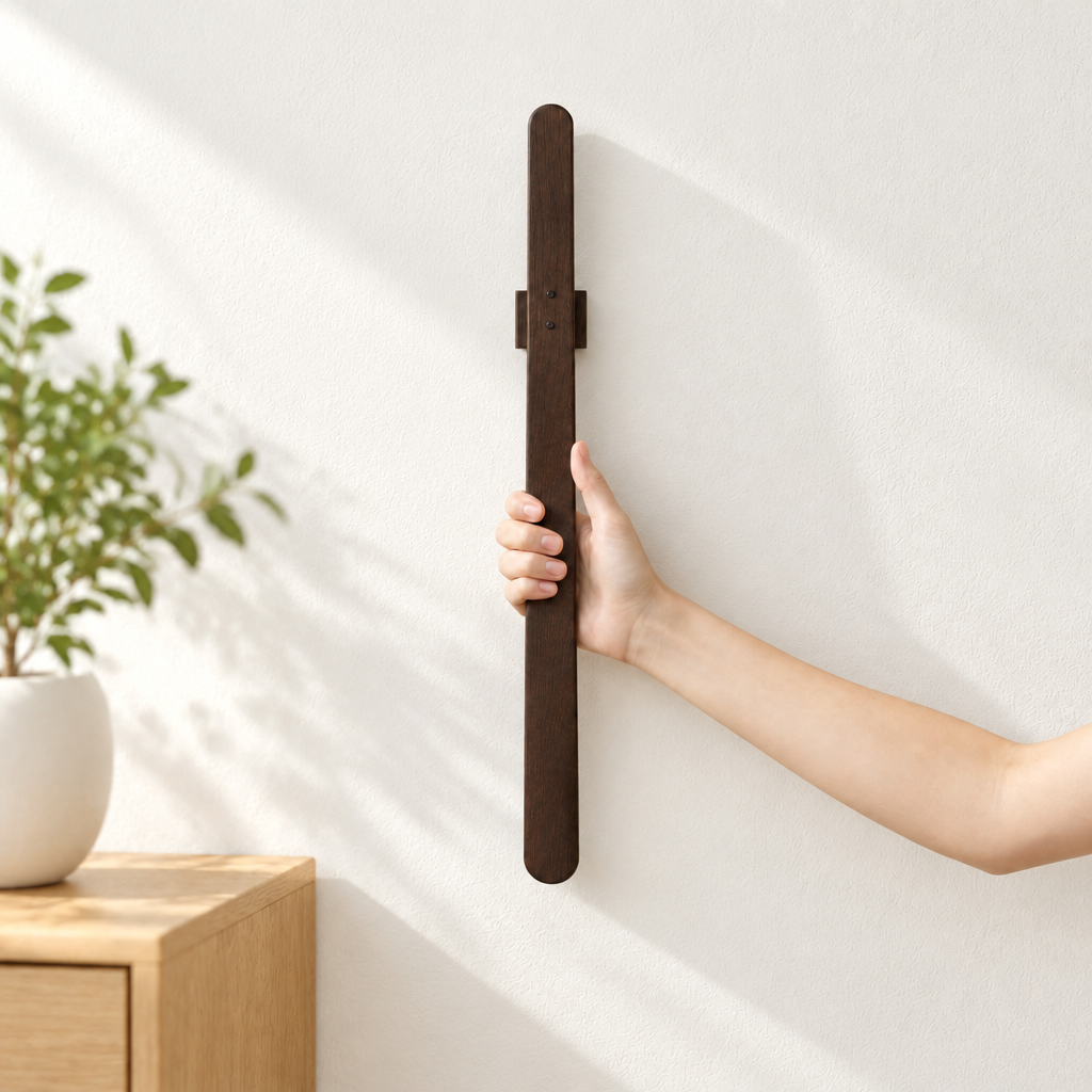 Notenhouten magnetische schoenlepel van 55 cm aan een witte muur met daglicht